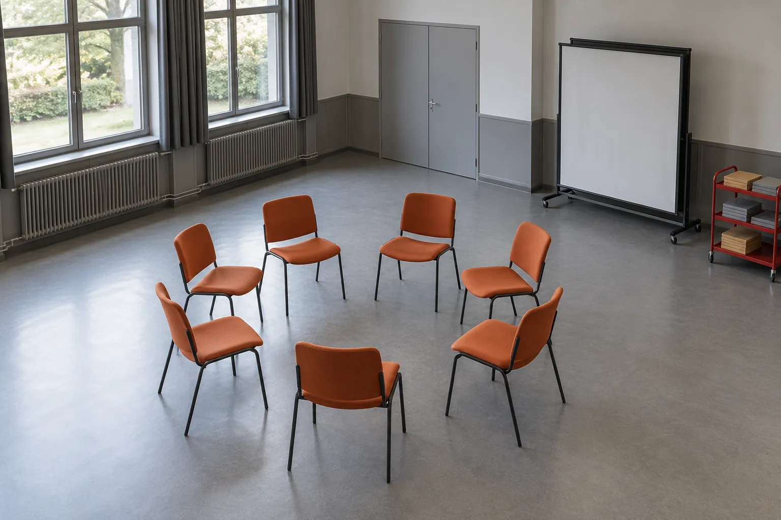 Illustration: A circle of empty orange chairs beside a folded blank screen and a red trolley with plain folders in a grey multipurpose hall.
