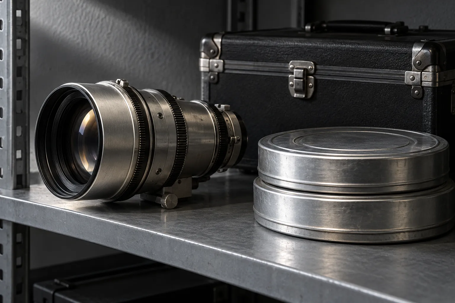 Illustration: A cropped plain projection lens, two unlettered silver film cans and a closed black case on a grey equipment shelf.
