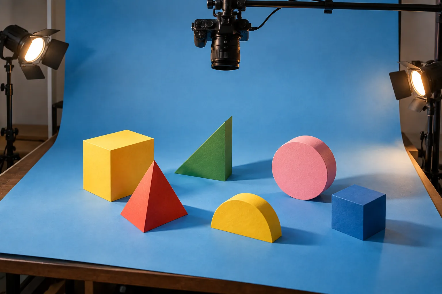 Illustration: An unbranded overhead camera points toward original colourful paper geometric shapes on a blue animation stage with two small lights.