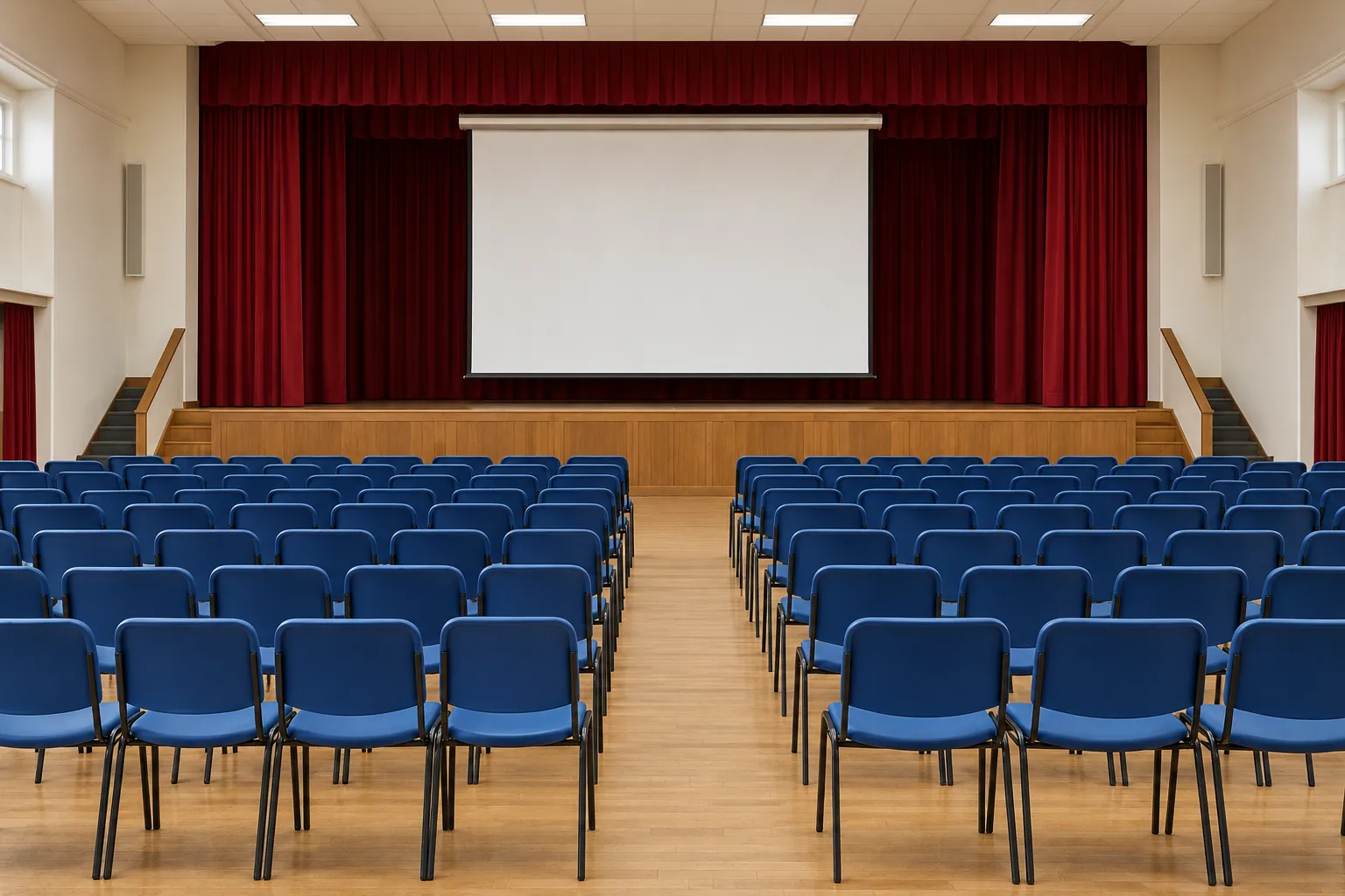 Illustration: Rows of empty simple blue seats face a rolled-up white screen in a plain hall with red stage curtains.