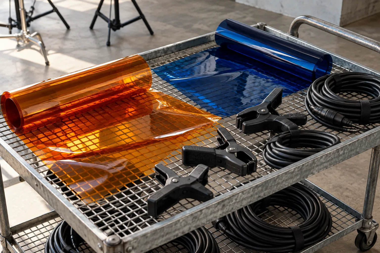 Illustration: Unmarked translucent amber and blue lighting gels, black clamps and coiled cables on a galvanized mesh cart in a concrete studio.
