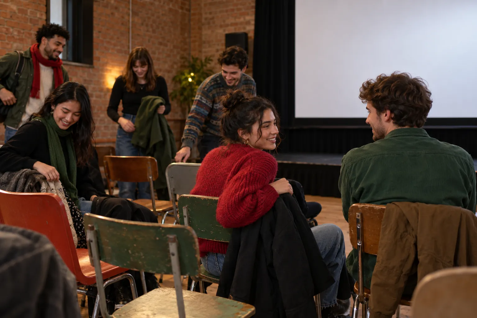 Illustration: Young adults settle into chairs for a community screening in a brick hall.