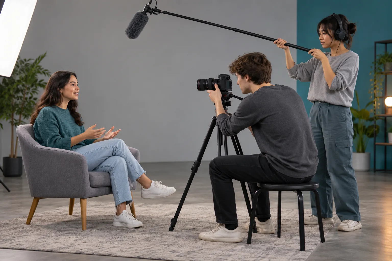 Illustration: A young adult crew practices filming an interview in a simple studio.