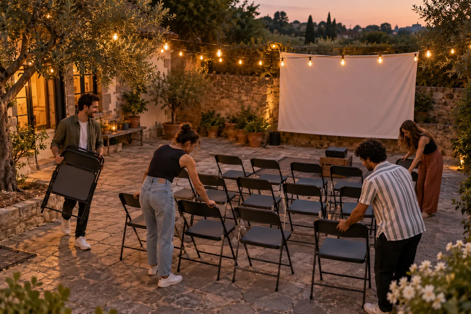 Illustration: Young adults arrange chairs for an outdoor film night.