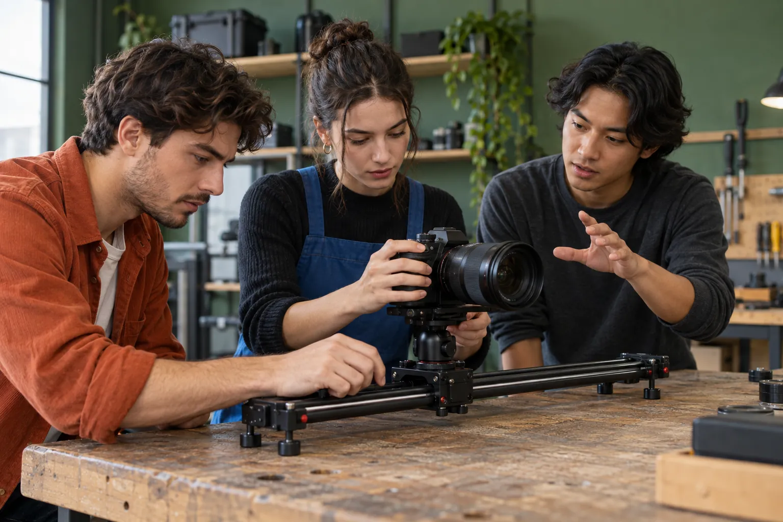 Illustration: Young adults learn camera movement on a compact slider in a workshop.
