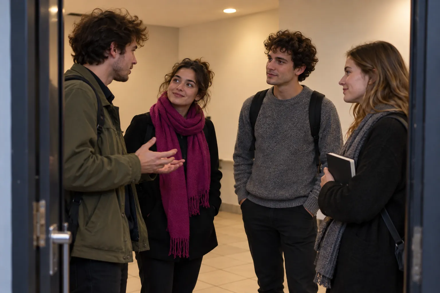 Illustration: Four young adults discussing a film screening in a tiled foyer.