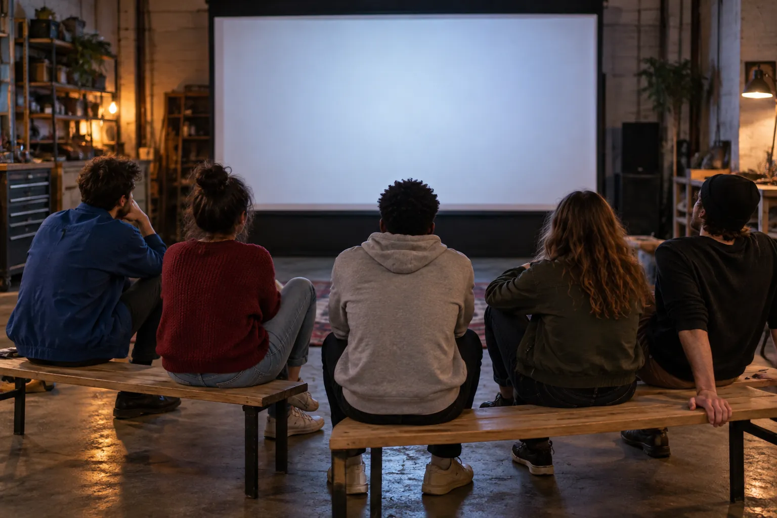 Illustration: Five young adults watching a blank screen in a converted workshop.