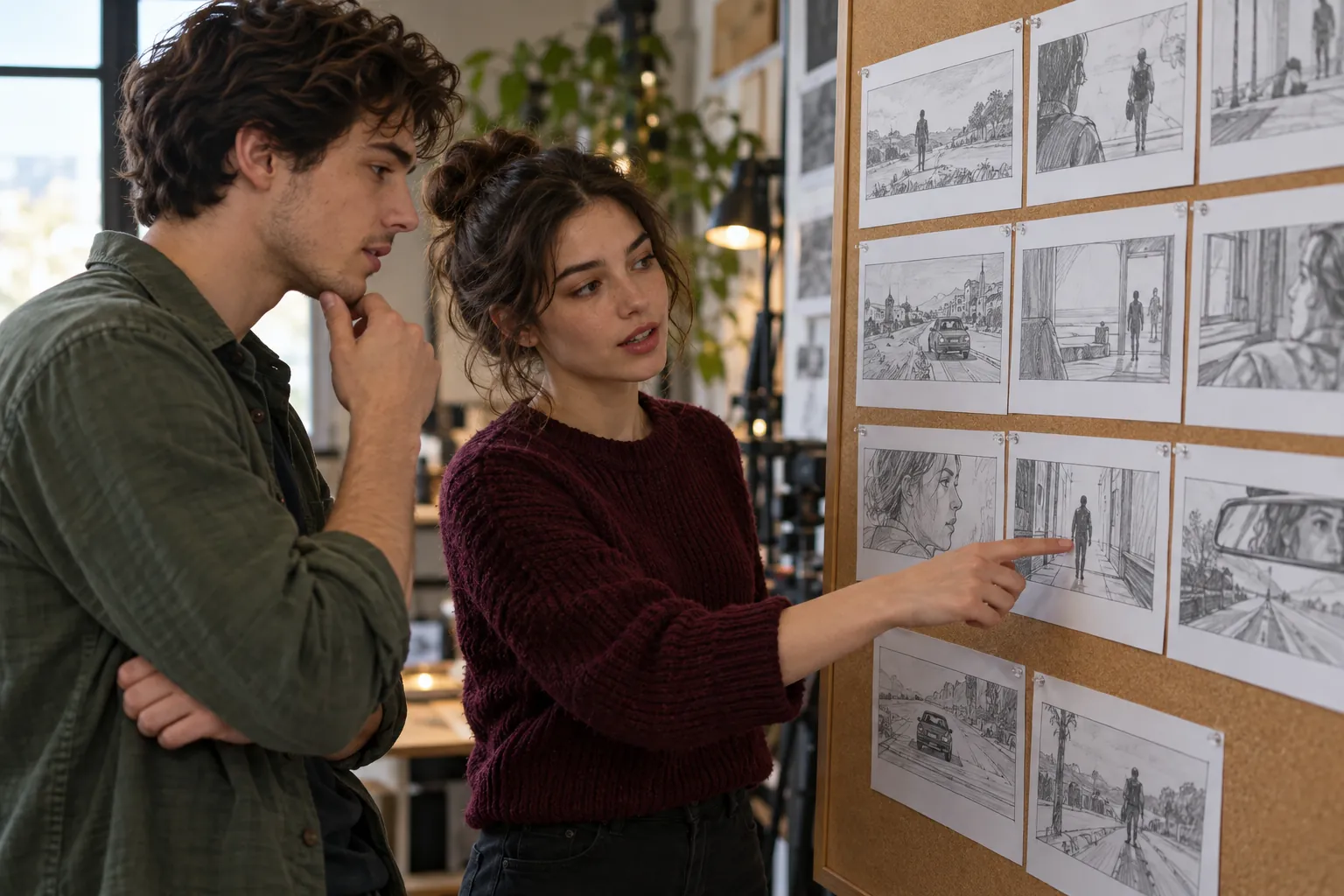 Illustration: Young adults discuss unlettered storyboard panels after a film workshop.