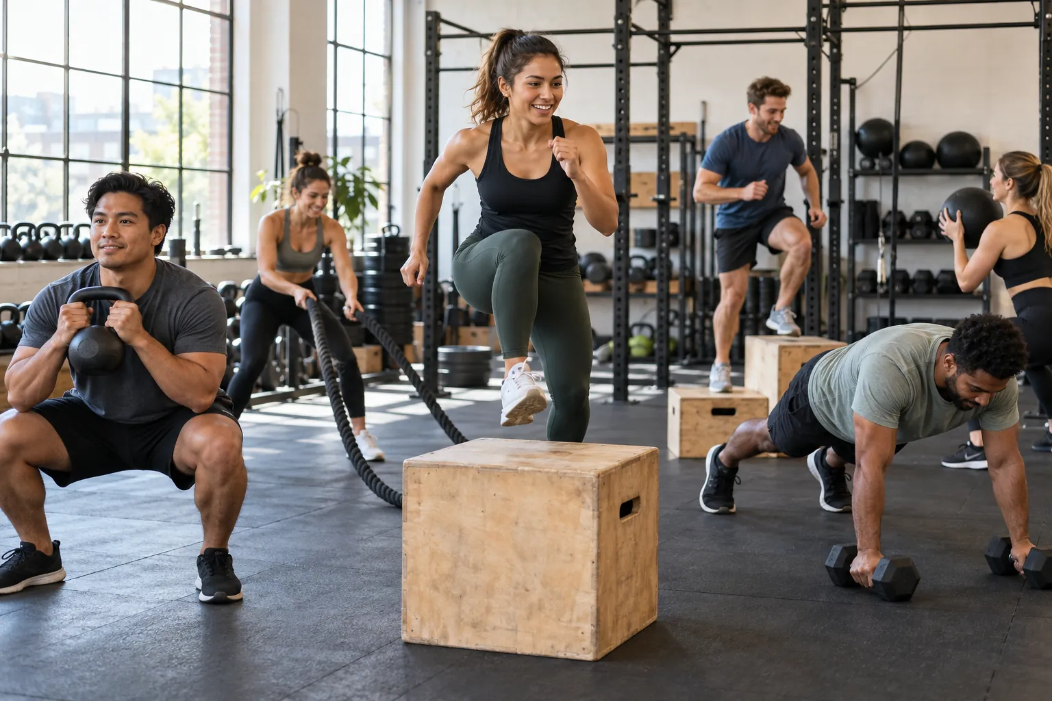 Illustration: Young adults take part in HIIT and circuit class in a neighborhood studio.