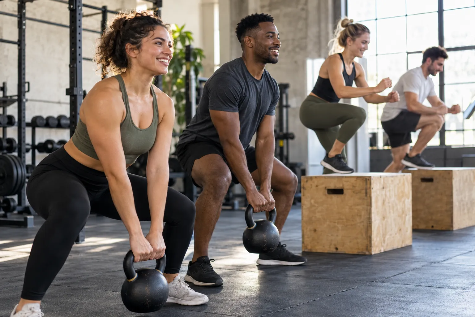 Illustration: Young adults take part in functional training with kettlebells and plyo boxes.