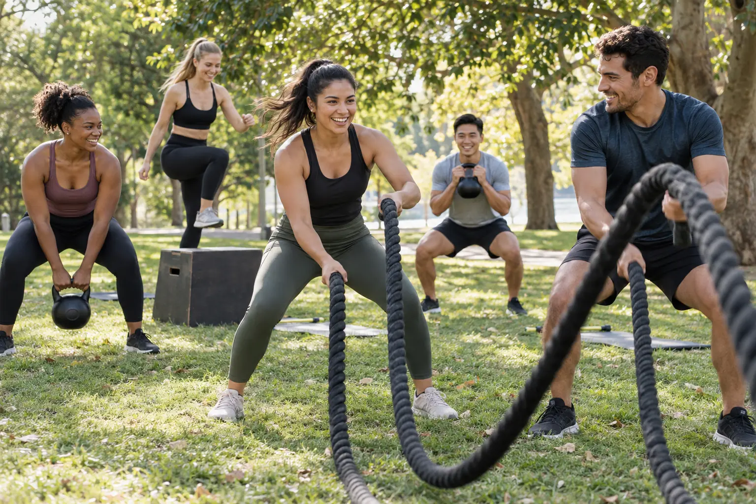Illustration: Young adults take part in outdoor bootcamp in a leafy park.