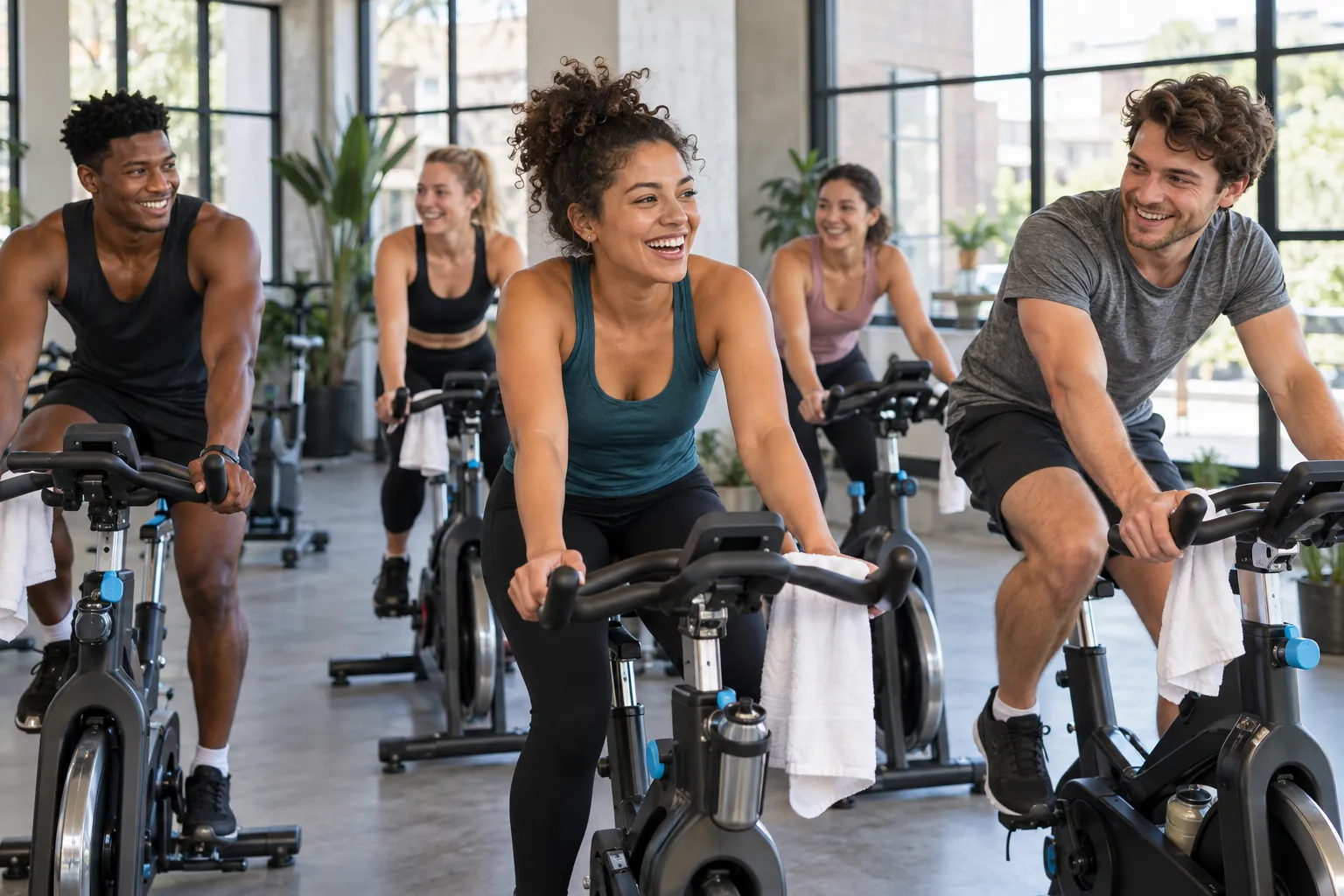 Illustration: Young adults take part in indoor cycling class.
