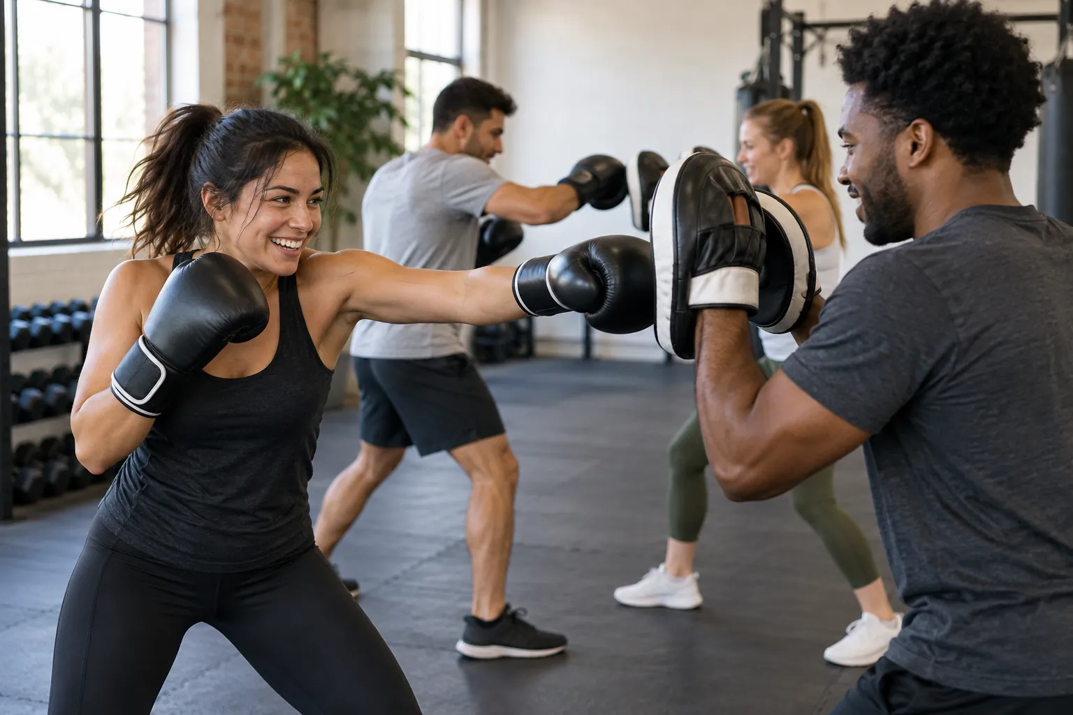 Illustration: Young adults take part in boxing-fitness pad work with gloves and focus mitts.