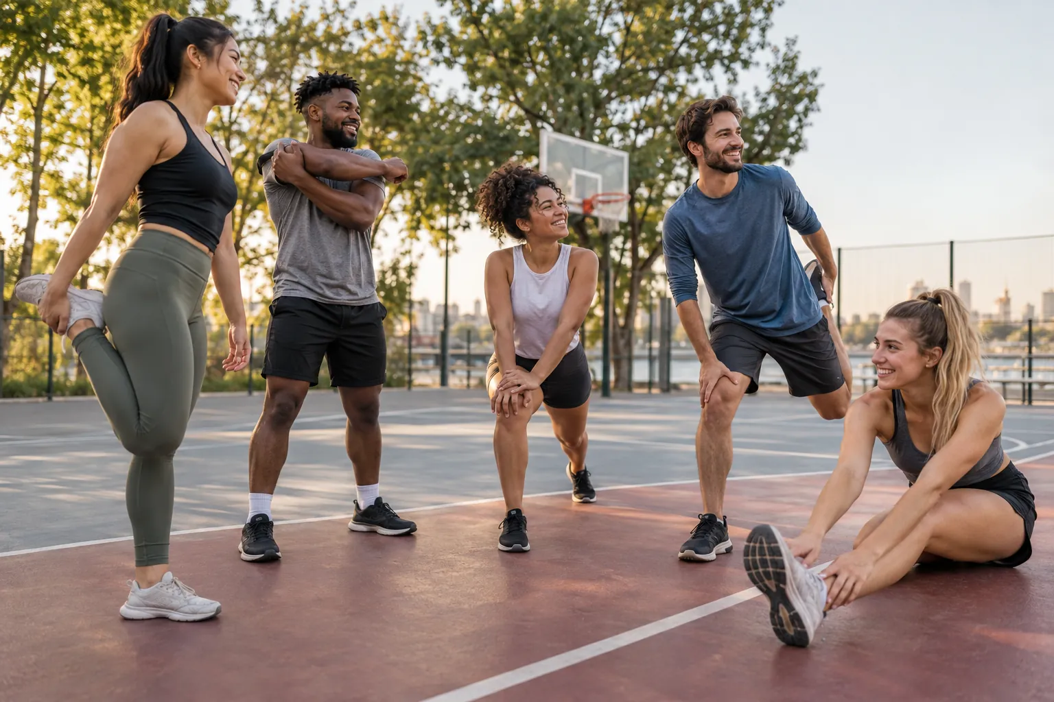 Illustration: Young adults take part in group stretching cool-down after exercise.