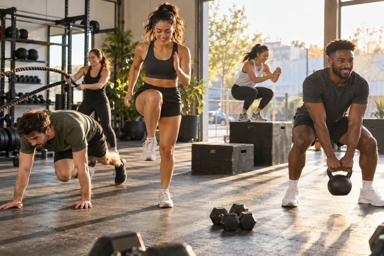 Illustration: Young adults take part in HIIT and circuit class in a neighborhood studio.