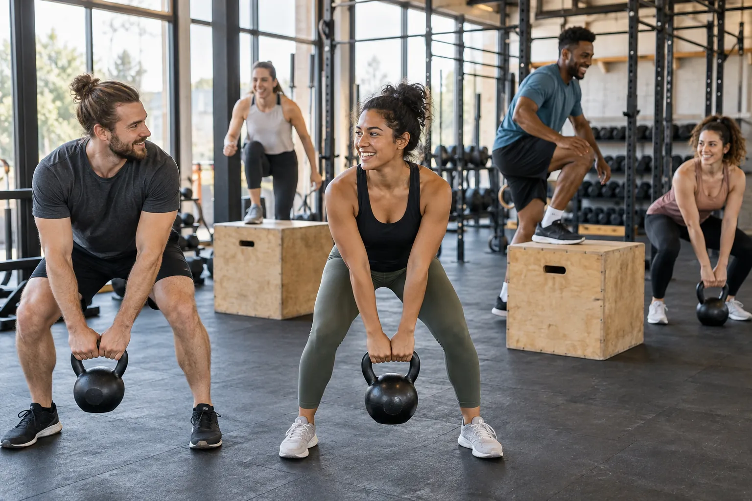 Illustration: Young adults take part in functional training with kettlebells and plyo boxes.
