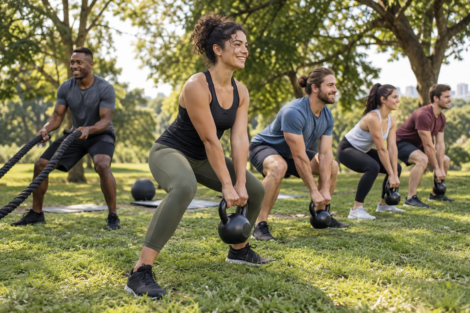 Illustration: Young adults take part in outdoor bootcamp in a leafy park.