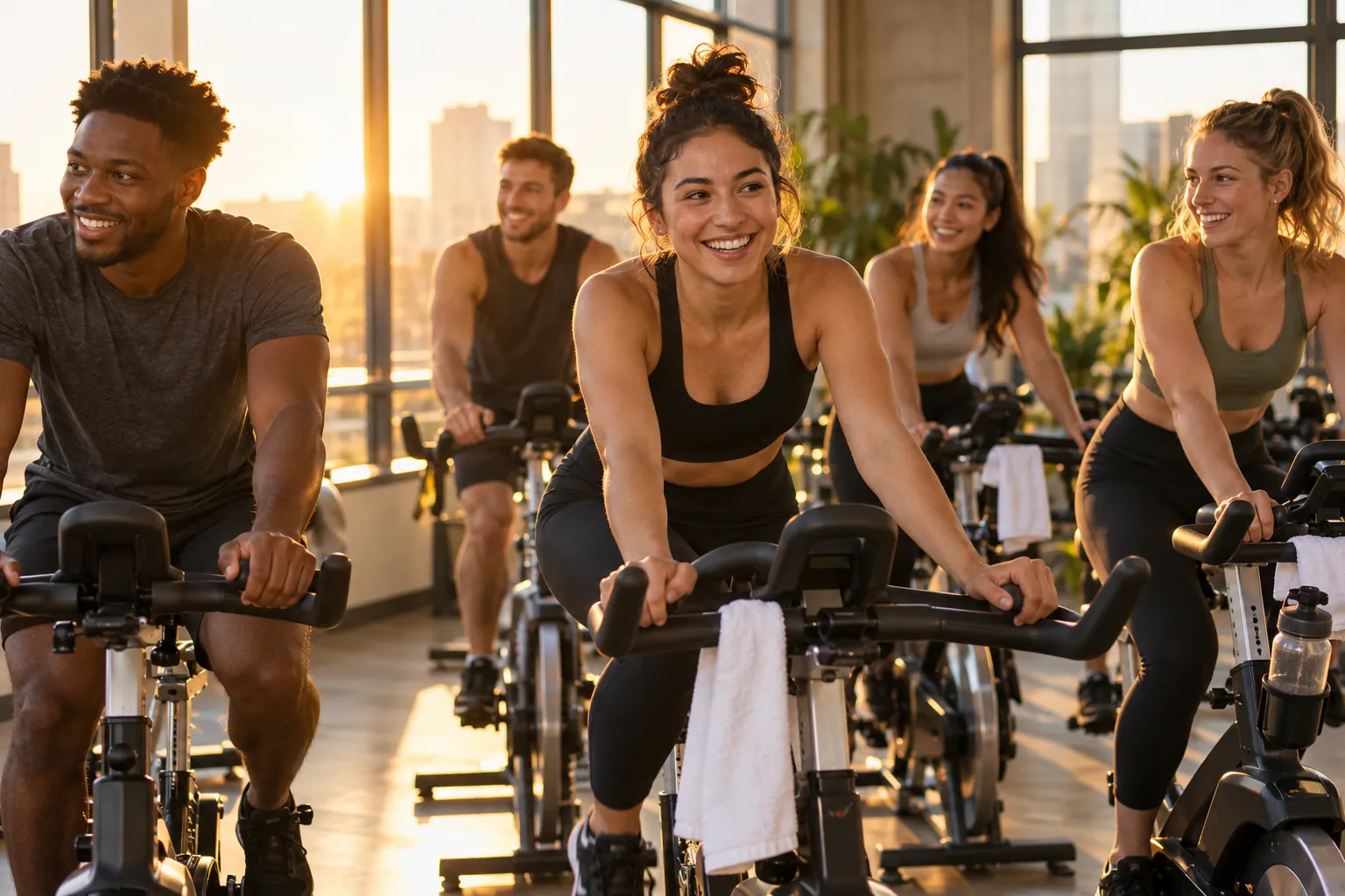 Illustration: Young adults take part in indoor cycling class.