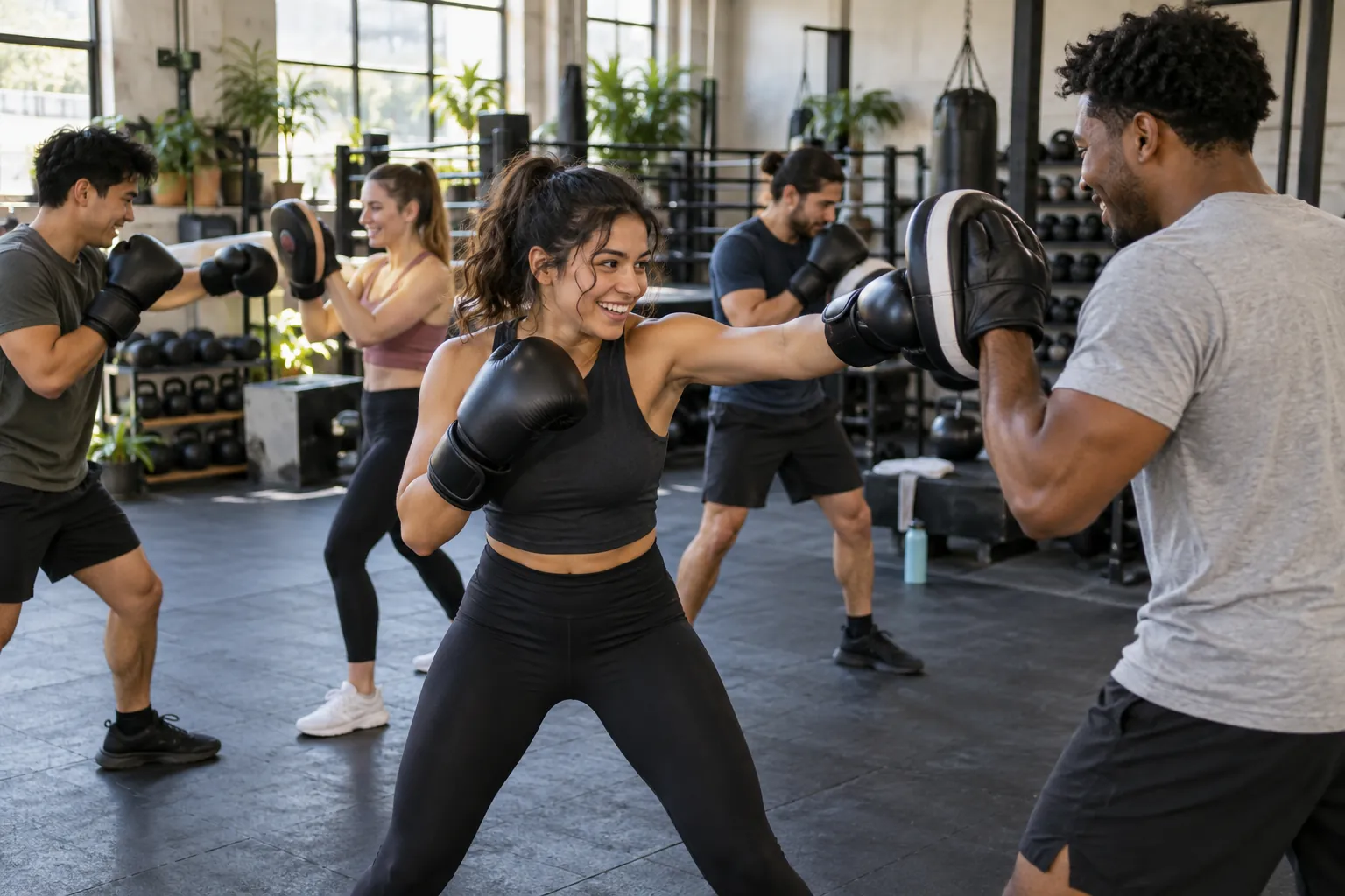 Illustration: Young adults take part in boxing-fitness pad work with gloves and focus mitts.
