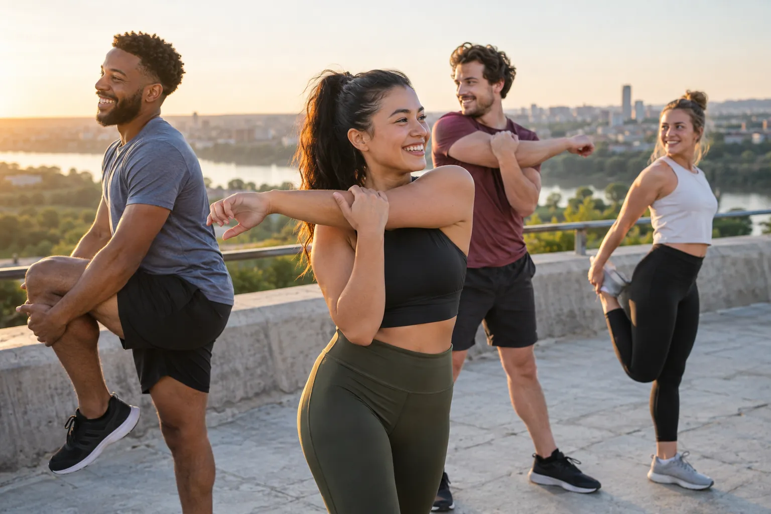 Illustration: Young adults take part in group stretching cool-down after exercise.