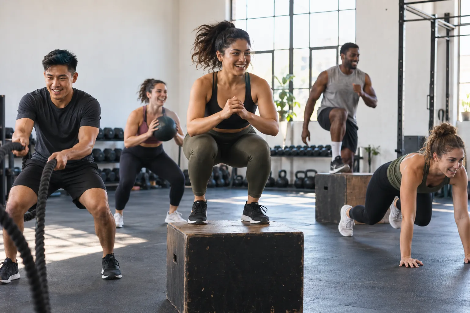 Illustration: Young adults take part in HIIT and circuit class in a neighborhood studio.