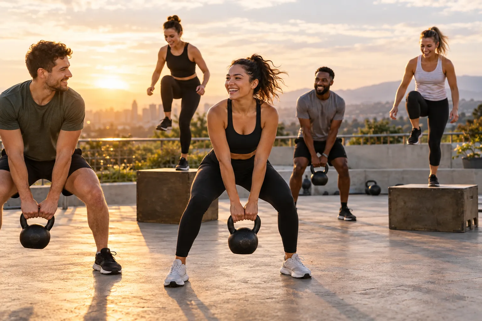 Illustration: Young adults take part in functional training with kettlebells and plyo boxes.