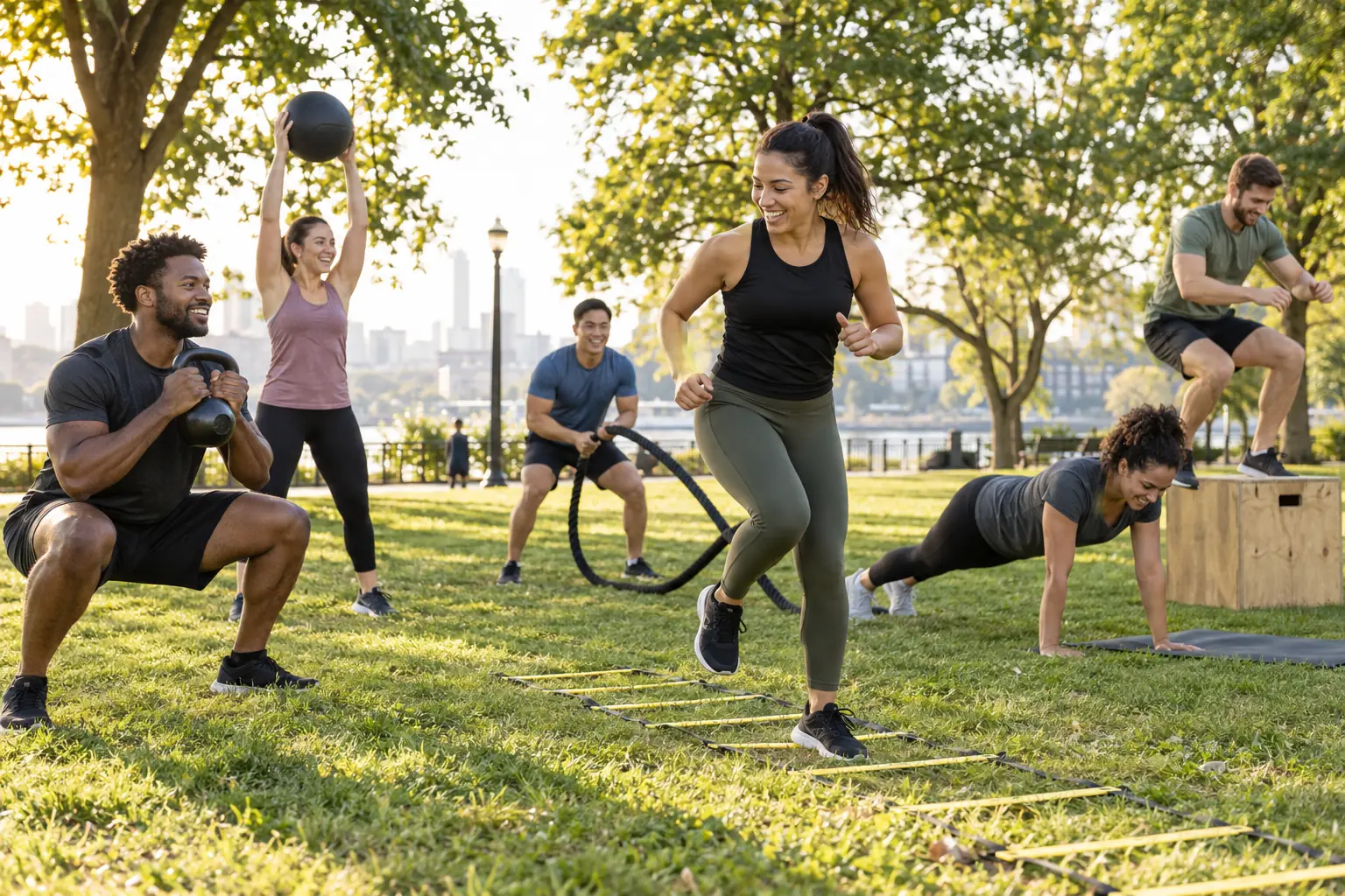 Illustration: Young adults take part in outdoor bootcamp in a leafy park.