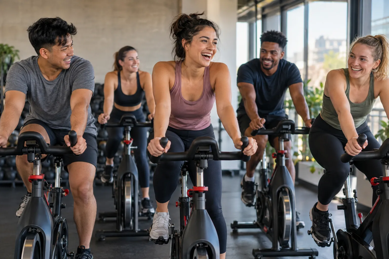 Illustration: Young adults take part in indoor cycling class.
