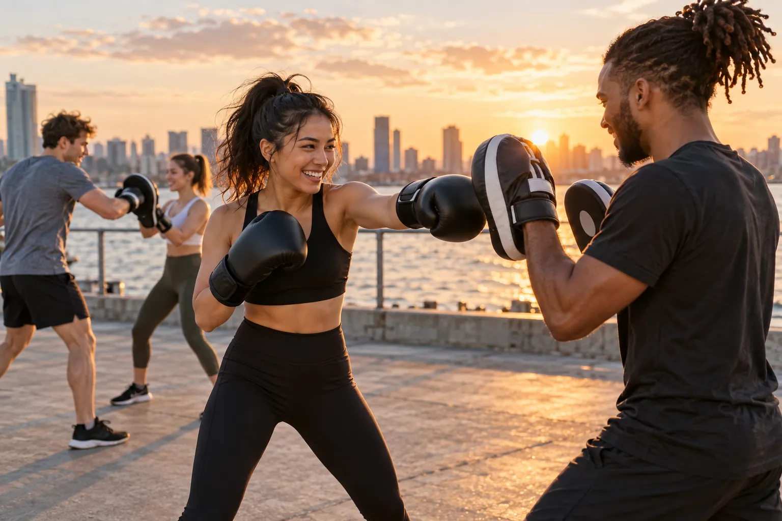 Illustration: Young adults take part in boxing-fitness pad work with gloves and focus mitts.