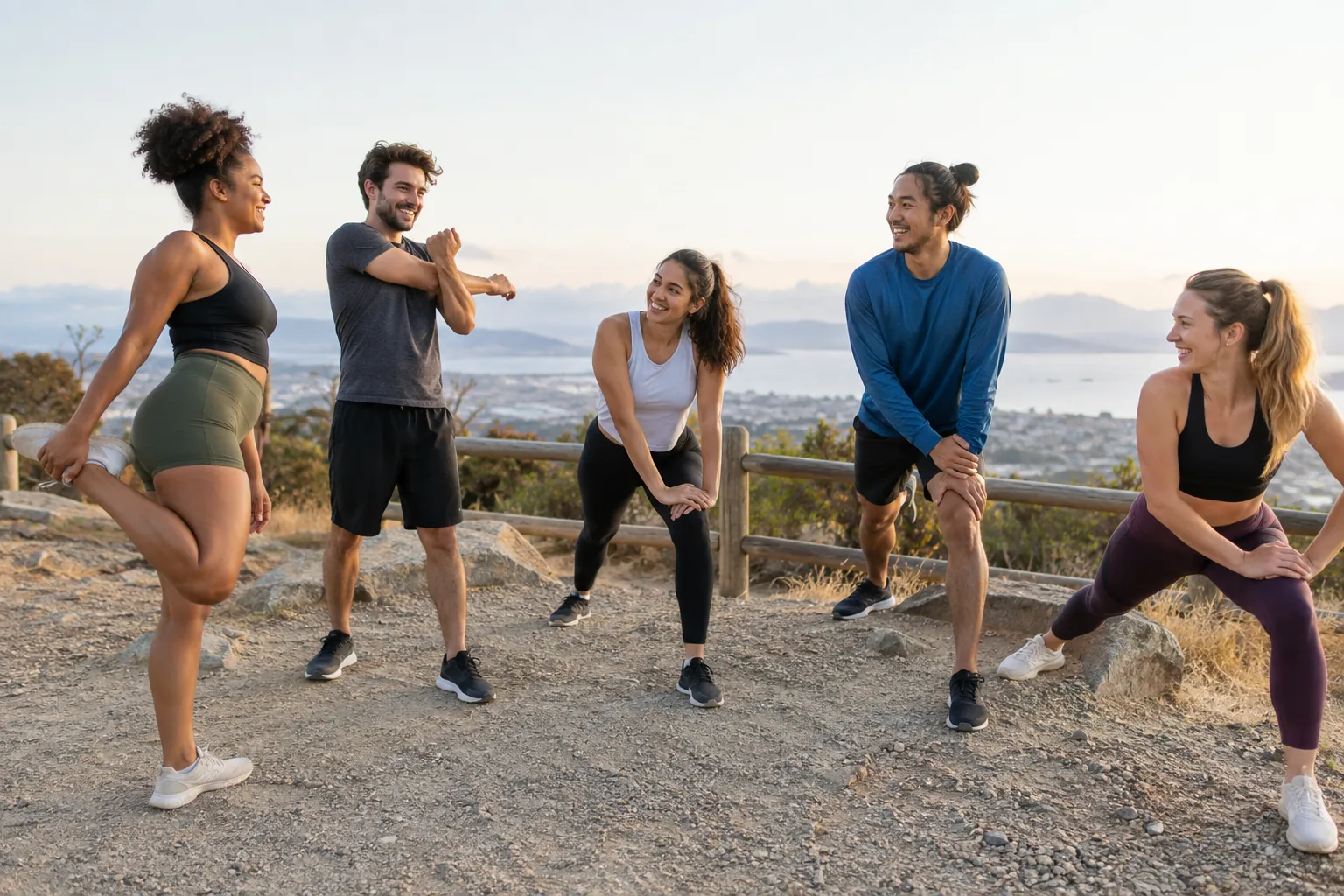 Illustration: Young adults take part in group stretching cool-down after exercise.