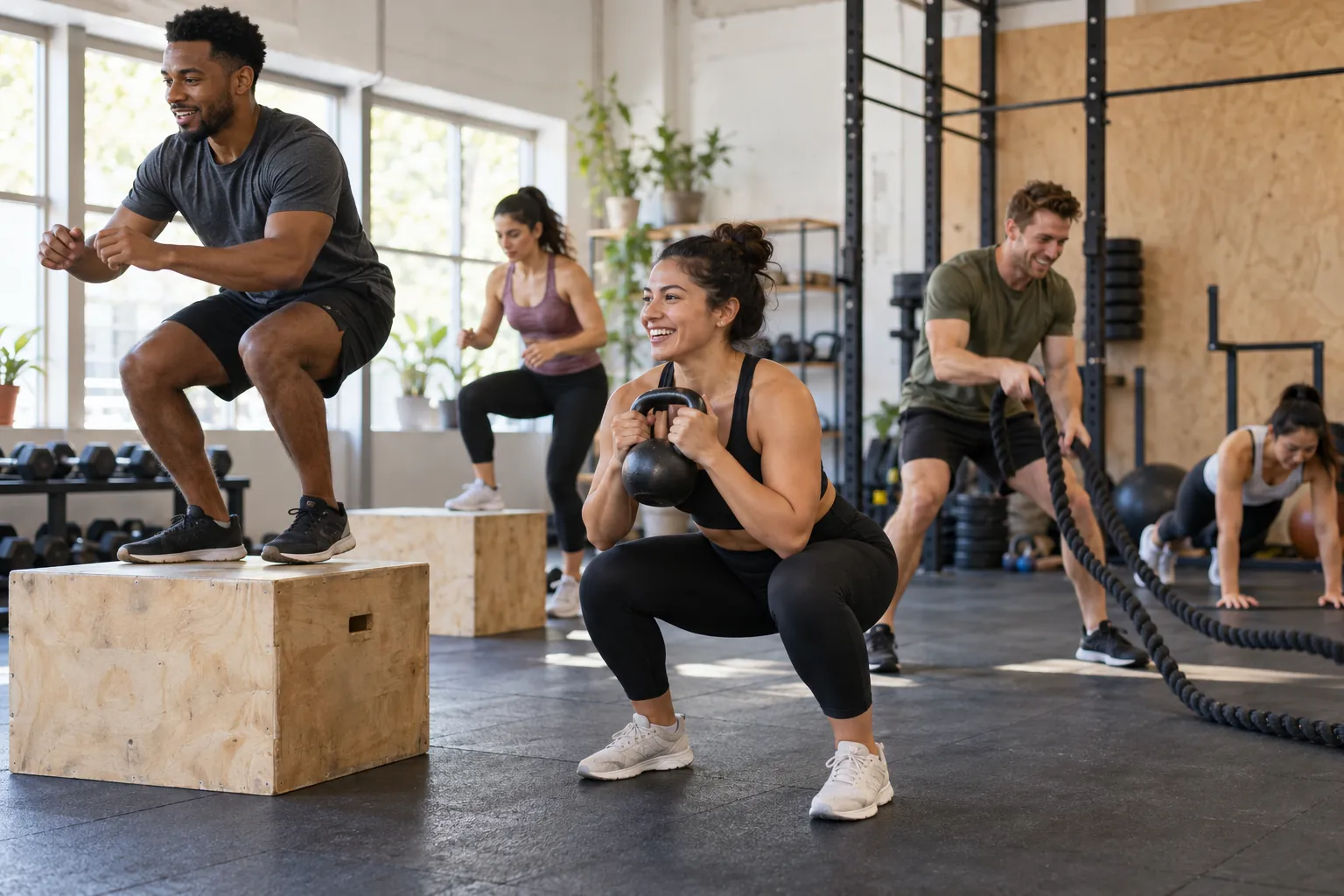 Illustration: Young adults take part in HIIT and circuit class in a neighborhood studio.