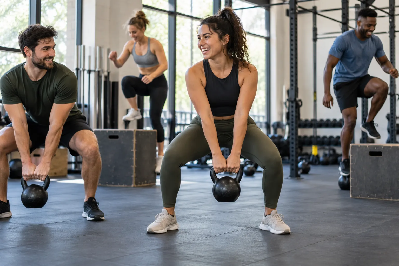 Illustration: Young adults take part in functional training with kettlebells and plyo boxes.