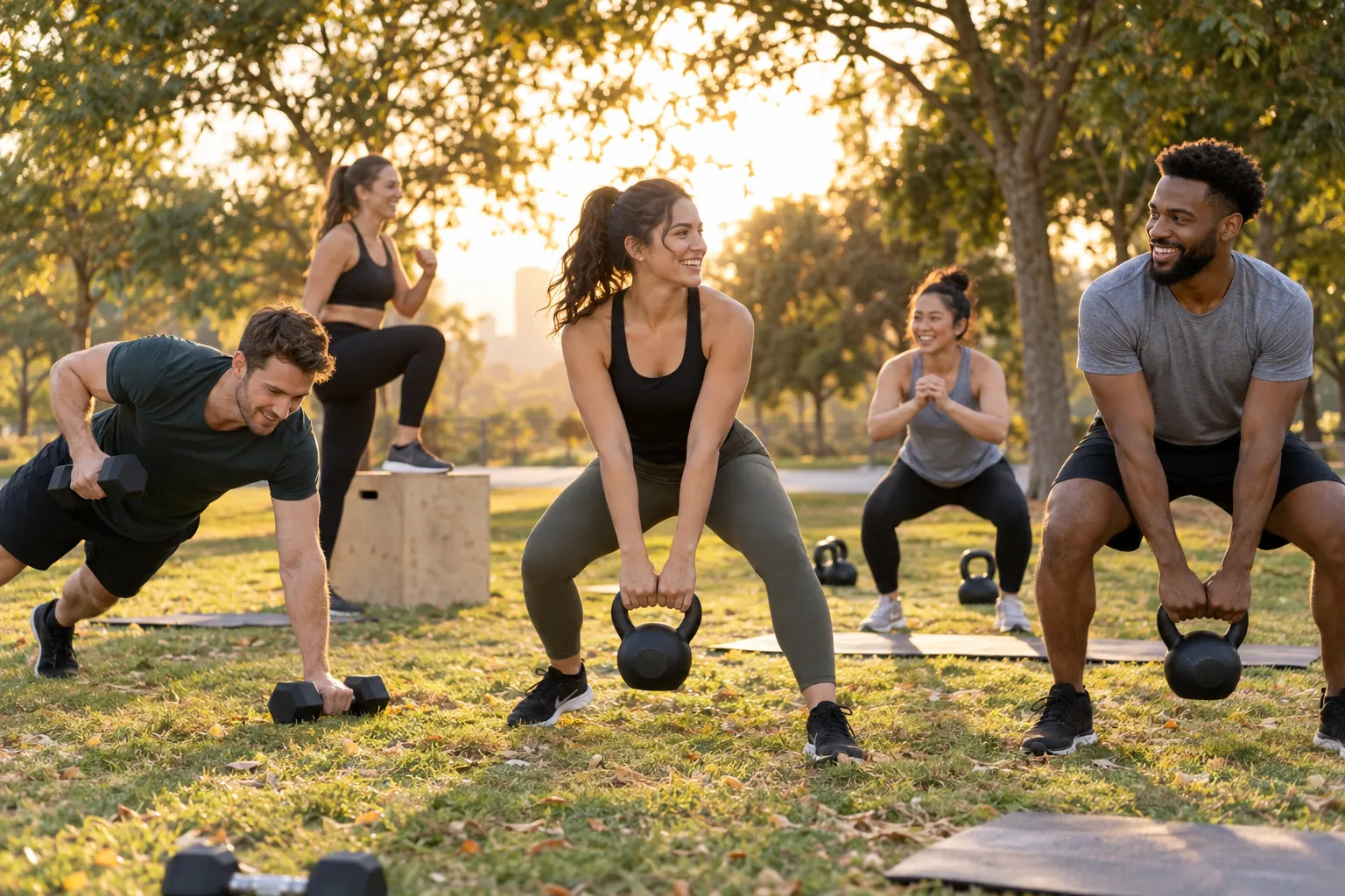 Illustration: Young adults take part in outdoor bootcamp in a leafy park.