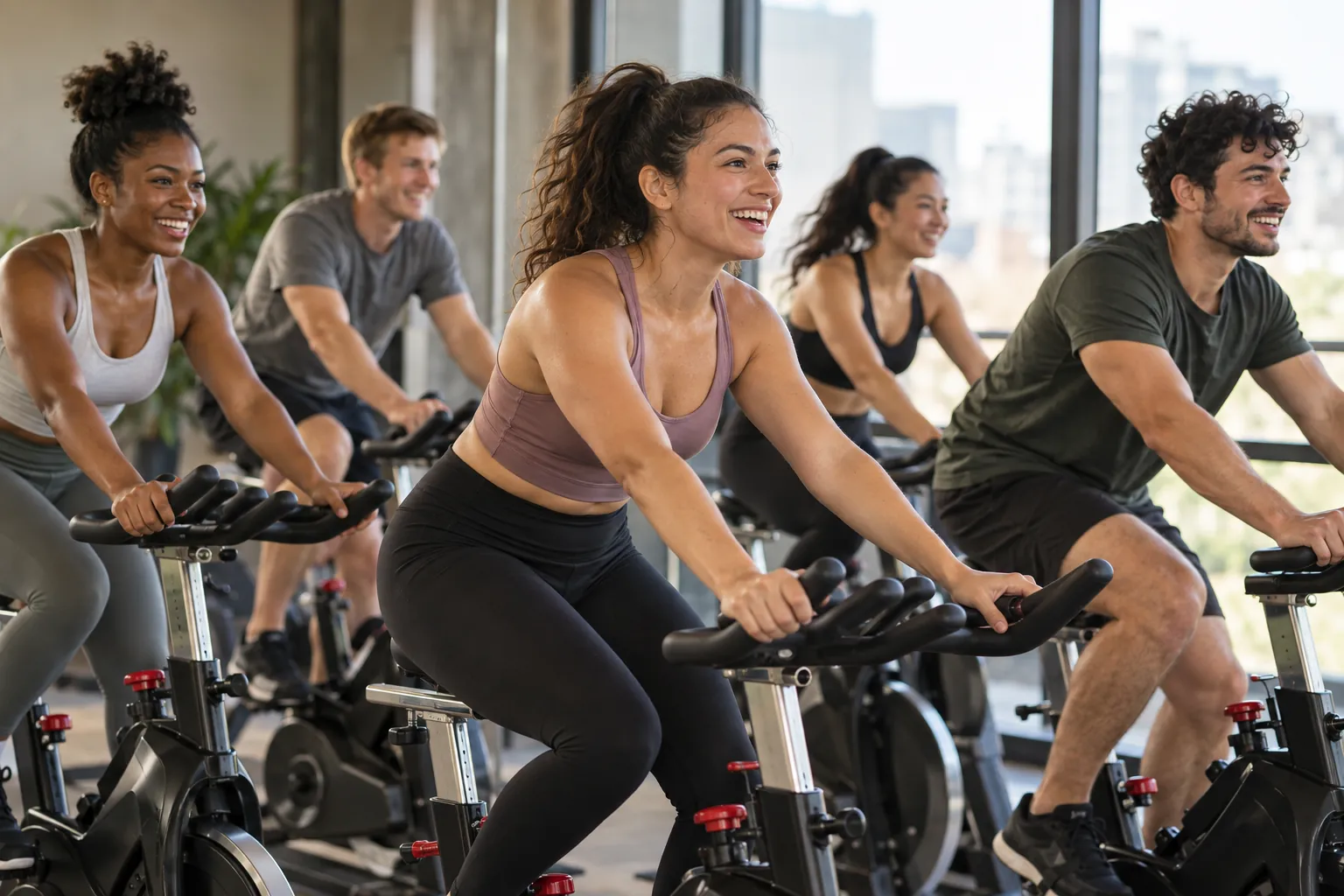 Illustration: Young adults take part in indoor cycling class.