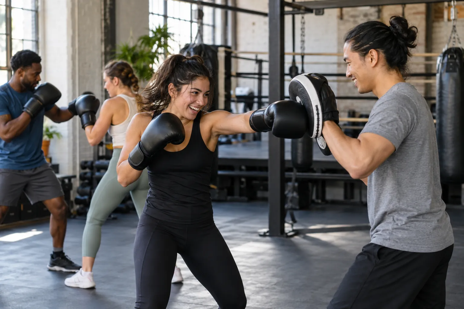 Illustration: Young adults take part in boxing-fitness pad work with gloves and focus mitts.