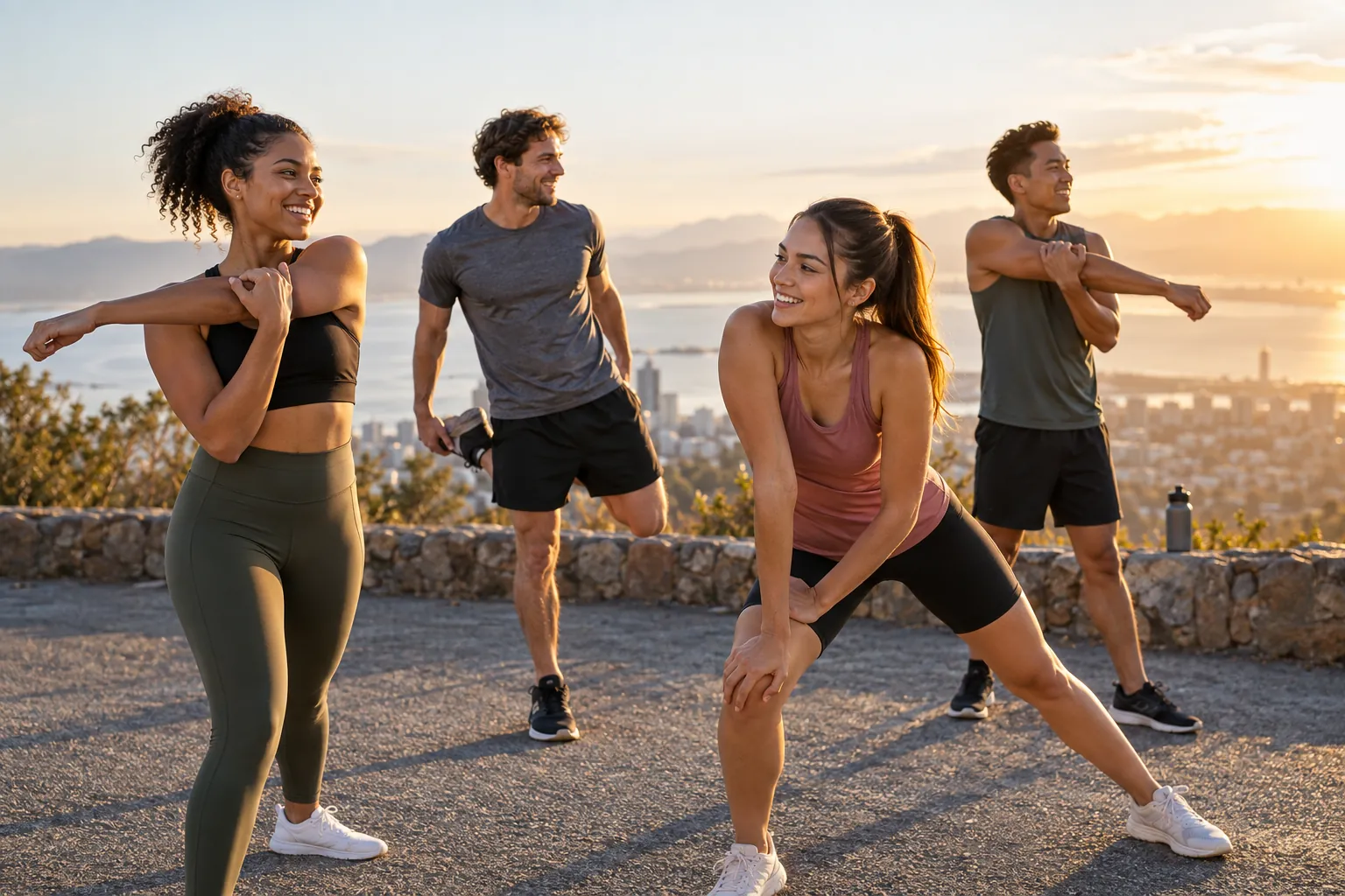 Illustration: Young adults take part in group stretching cool-down after exercise.