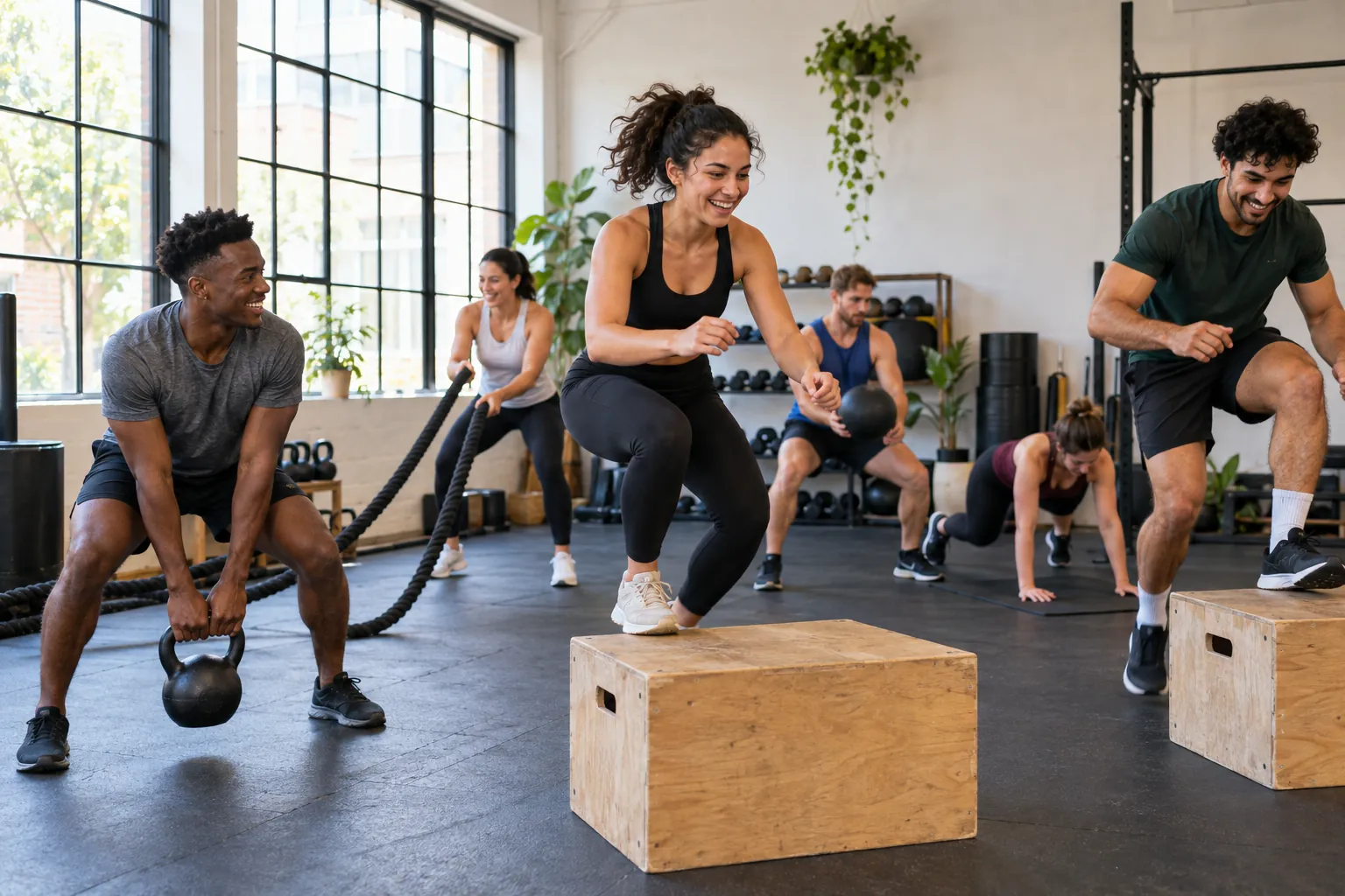 Illustration: Young adults take part in HIIT and circuit class in a neighborhood studio.