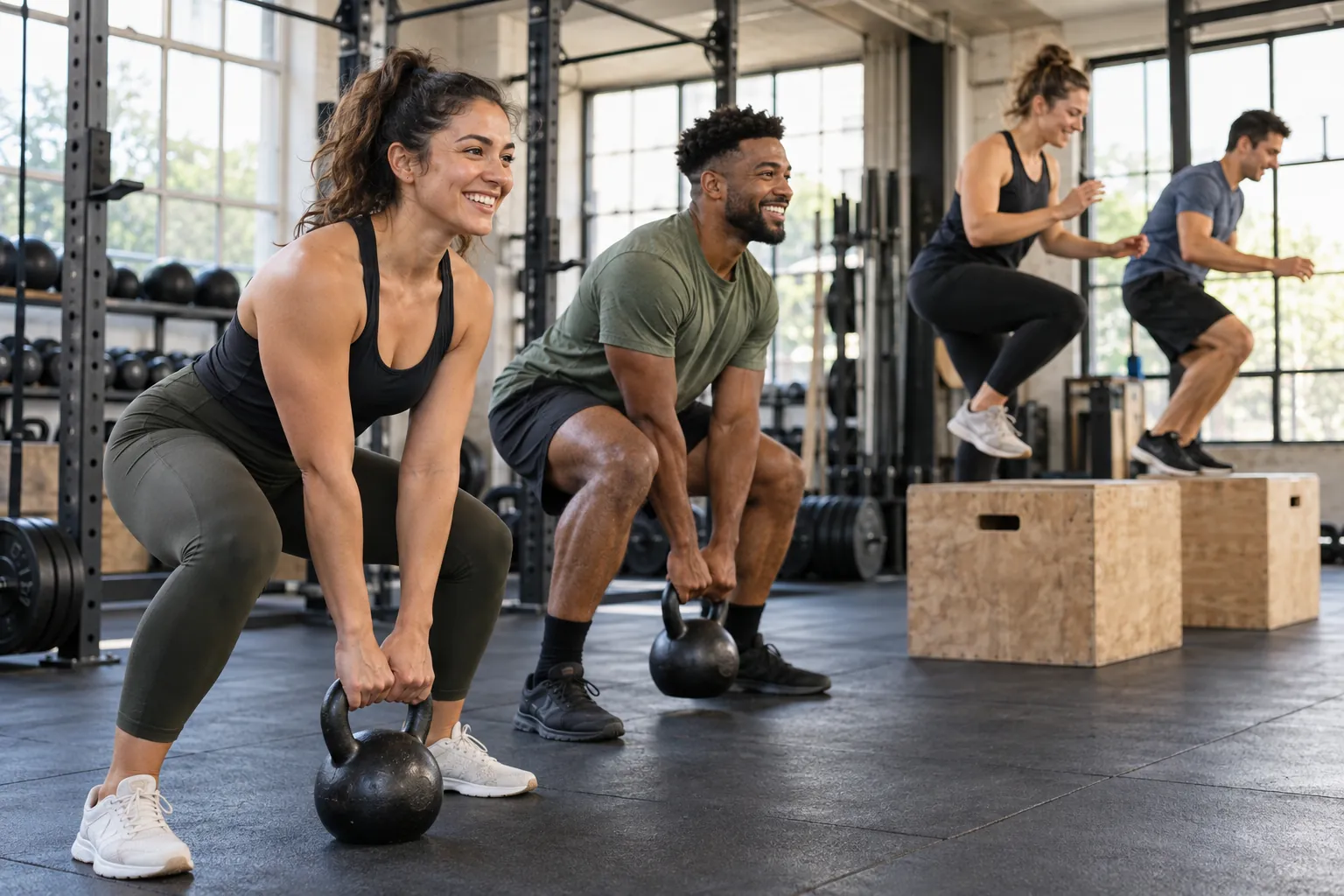 Illustration: Young adults take part in functional training with kettlebells and plyo boxes.