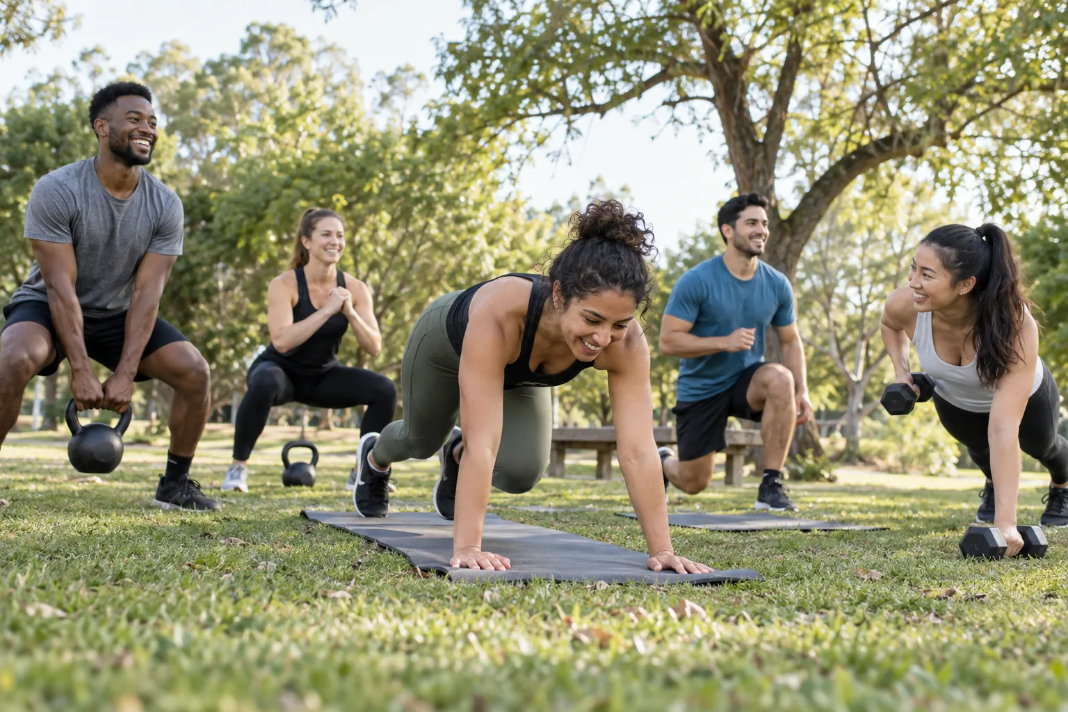 Illustration: Young adults take part in outdoor bootcamp in a leafy park.