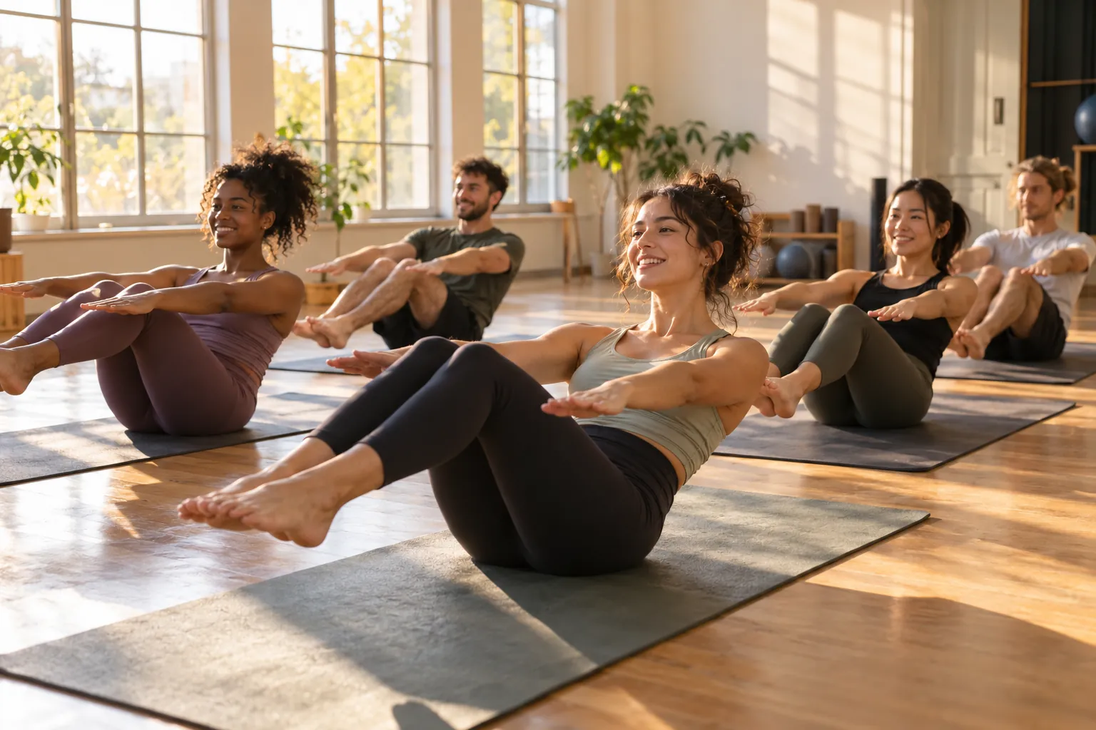 Illustration: Young adults take part in pilates mat class in a community hall.
