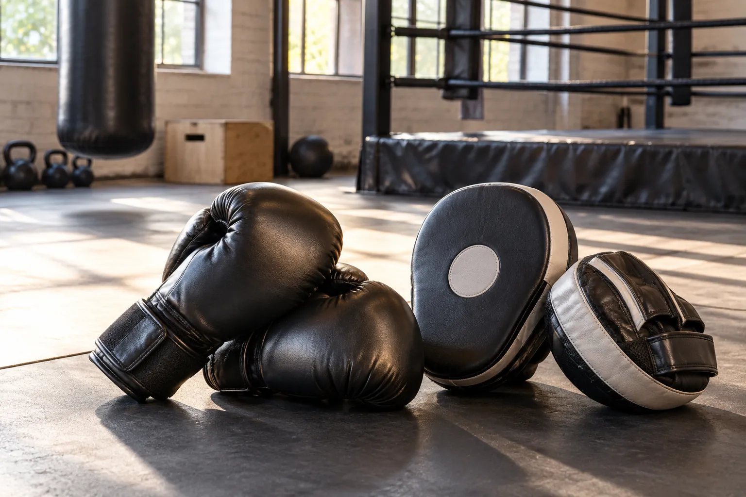 Illustration: Equipment for boxing-fitness pad work with gloves and focus mitts, arranged in an activity setting without people.