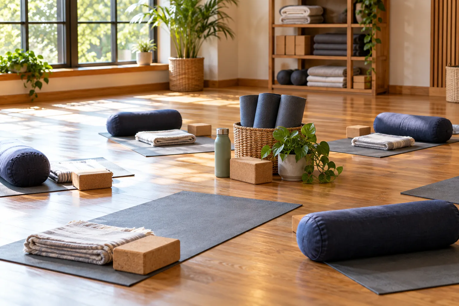 Illustration: Equipment for group stretching cool-down after exercise, arranged in an activity setting without people.
