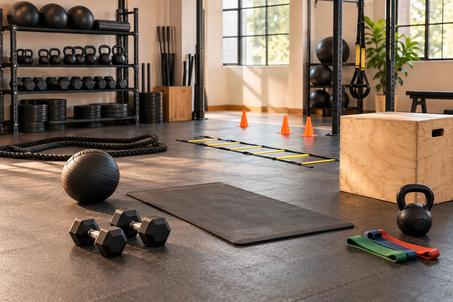 Illustration: Equipment for HIIT and circuit class in a neighborhood studio, arranged in an activity setting without people.