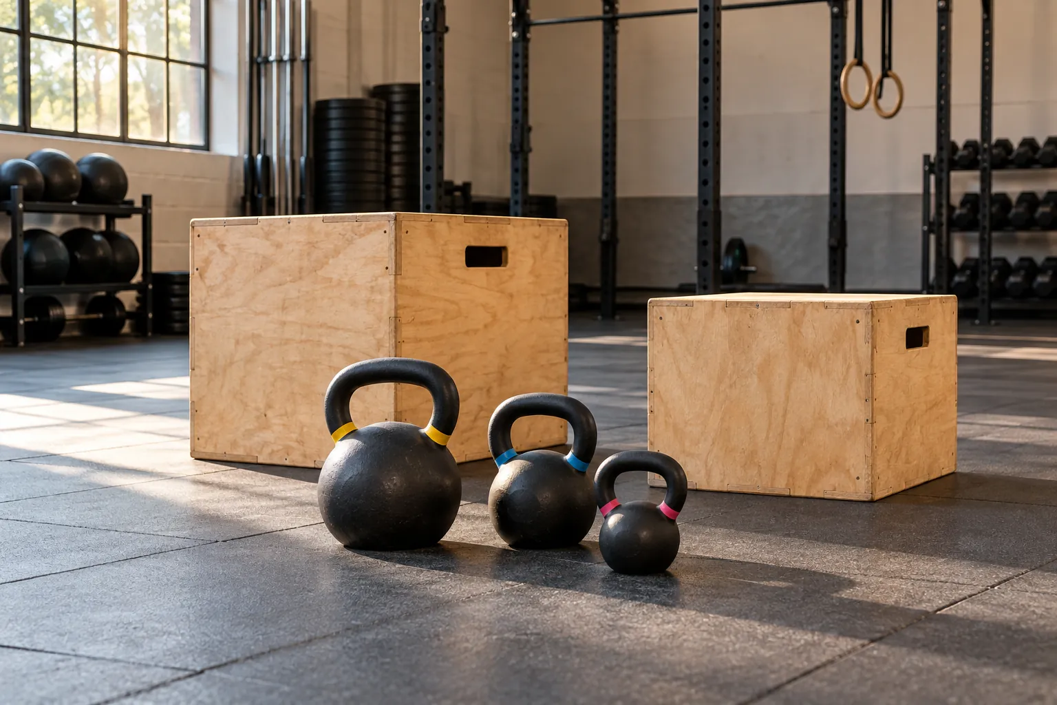 Illustration: Equipment for functional training with kettlebells and plyo boxes, arranged in an activity setting without people.