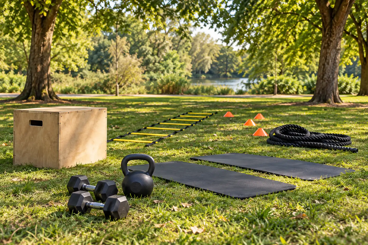 Illustration: Equipment for outdoor bootcamp in a leafy park, arranged in an activity setting without people.