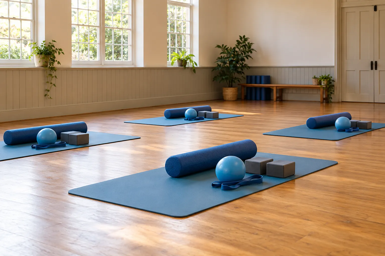 Illustration: Equipment for pilates mat class in a community hall, arranged in an activity setting without people.