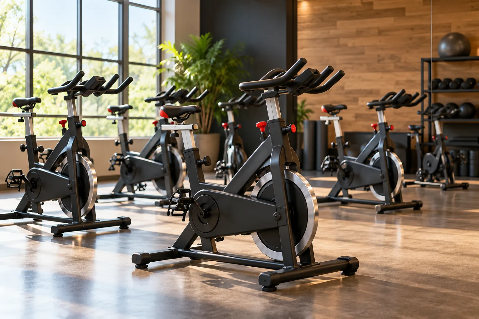 Illustration: Equipment for indoor cycling class, arranged in an activity setting without people.
