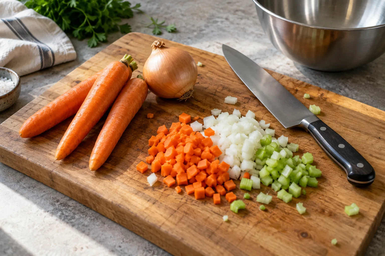 Illustration: Vegetables, a chopping board, a knife and a mixing bowl on a shared kitchen counter.