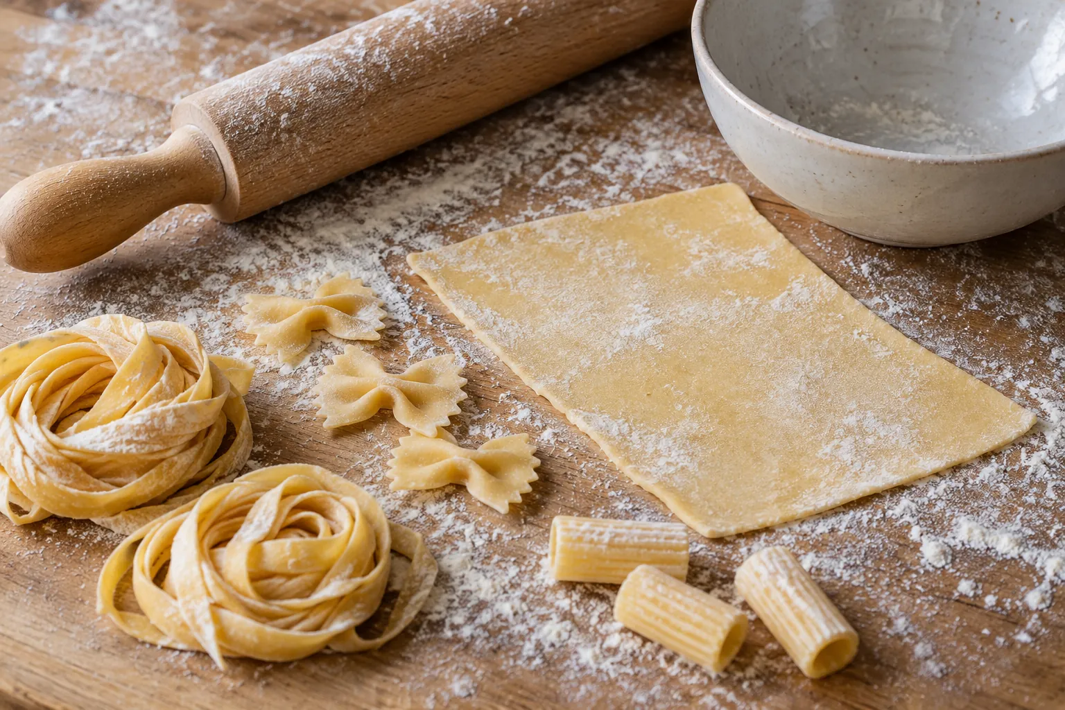 Illustration: Fresh pasta shapes, dough, a rolling pin and an empty bowl on a board.