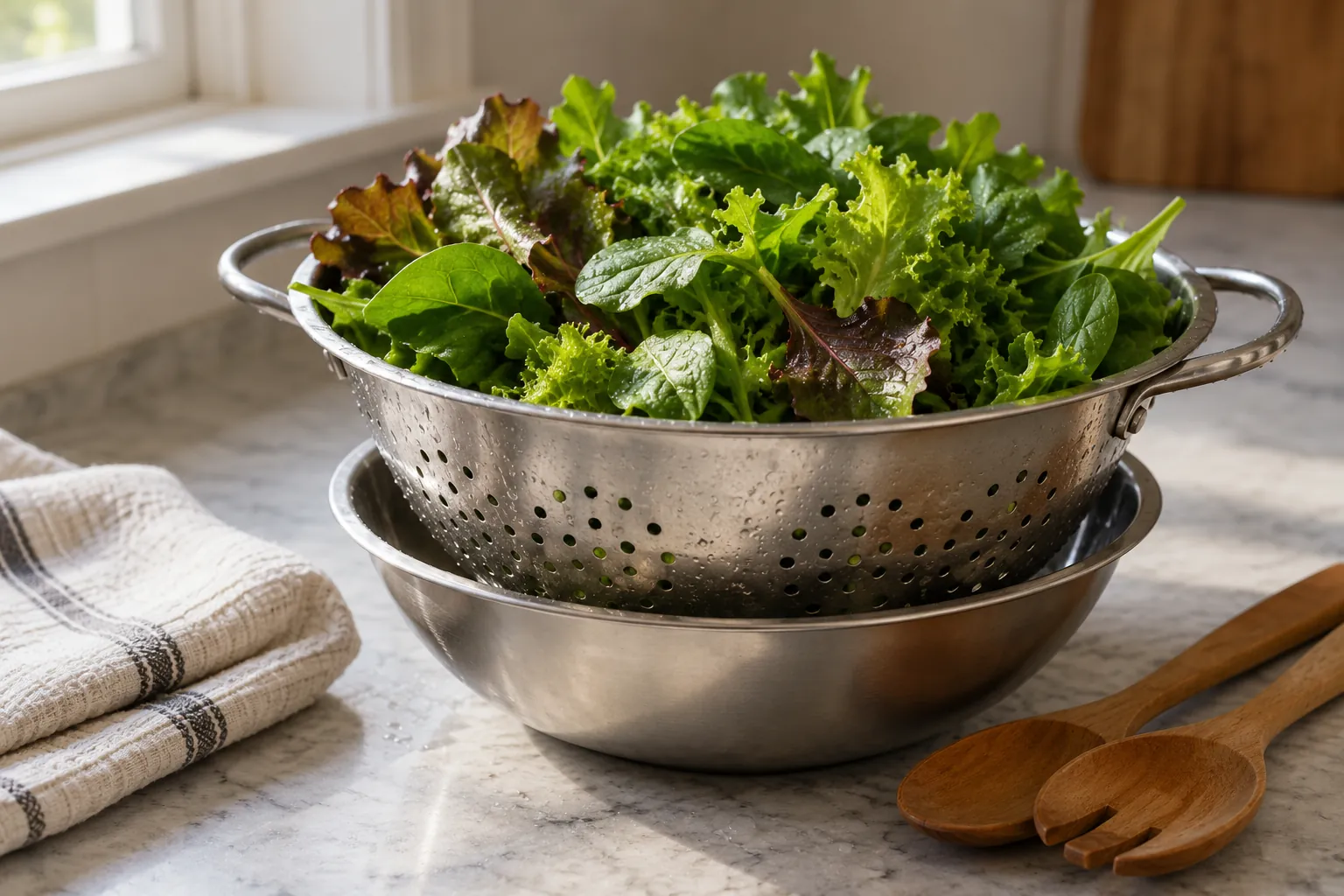 Illustration: Washed greens in a colander beside a towel and wooden salad servers.